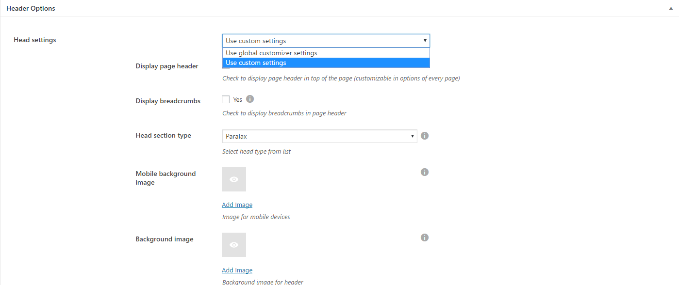 Header options settings for page